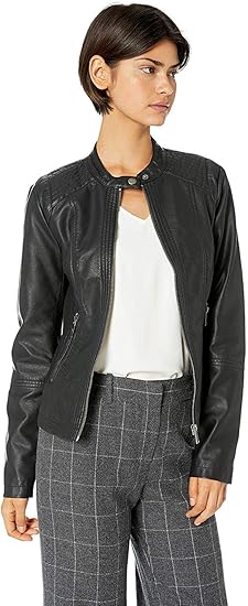Women’s Faux Leather Jacket with Front Zipper Pockets