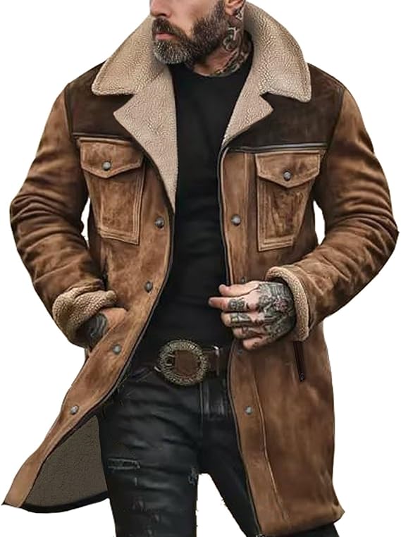 Men’s Vintage Cowboy Suede Jacket with Plush Collar