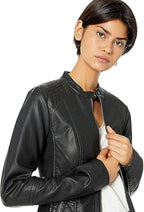 Women’s Faux Leather Jacket with Front Zipper Pockets