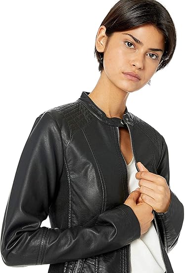 Women’s Faux Leather Jacket with Front Zipper Pockets