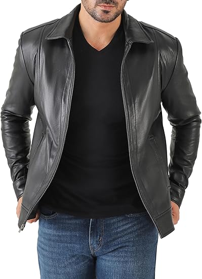 Men’s Classic Shirt Collar Lambskin Leather Jacket