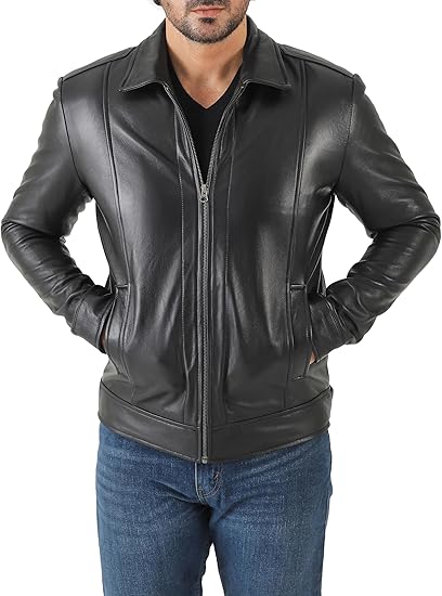 Men’s Classic Shirt Collar Lambskin Leather Jacket