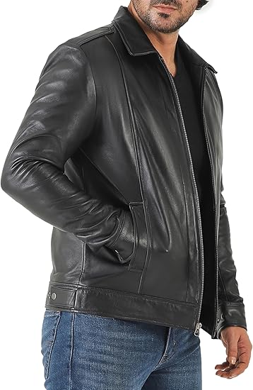 Men’s Classic Shirt Collar Lambskin Leather Jacket